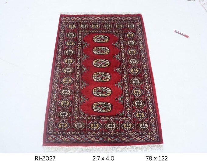 Hand-knotted Mori Bokhara Cotton and Wool Rug, Geomatrical in Red base and Red border, 2.7 x 4.0 ft