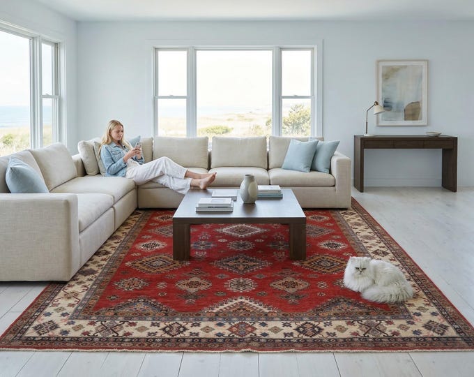 8.4 X 9.1 ft Red and Beige Geomatrical Handmade , Super Kazak Cotton and Wool