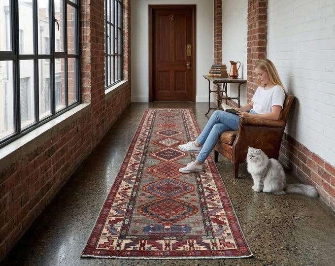 2.9 X 9.10 ft Gray and Beige Geomatrical Handmade Runner, Super Kazak Cotton and Wool