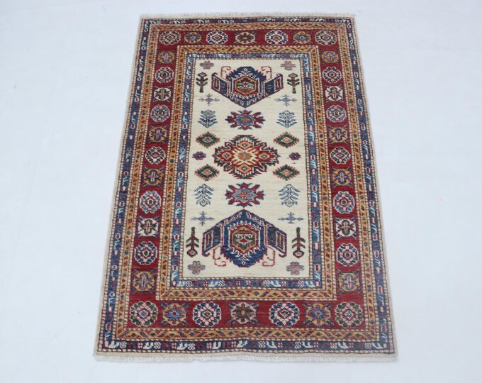 2.8 X 4.0 ft Red and Beige Geomatrical Handmade Runner, Super Kazak Cotton and Wool