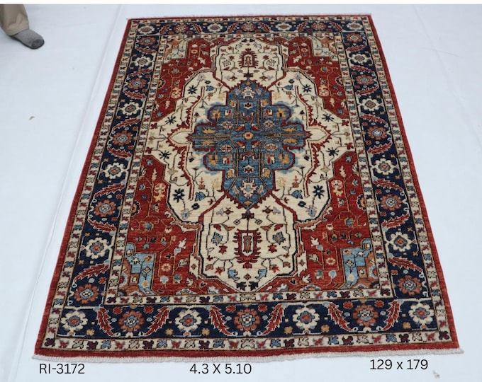 Hand-knotted Kazak Wool Rug, Beige and Blue Geometric Rug (4.3 X 5.10 ft)