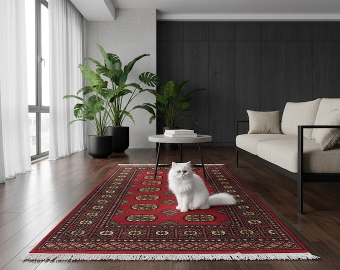 3.2 X 4.1 ft Red Geomatrical Handmade ,Mori Bokhara Cotton and Wool