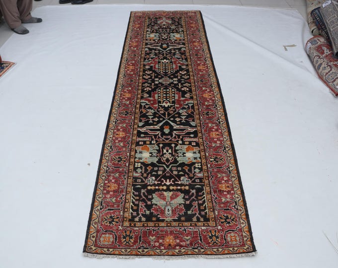 2.8 X 9.9 ft Black and Copper Floral Handmade Runner ,Heriz Cotton and Wool