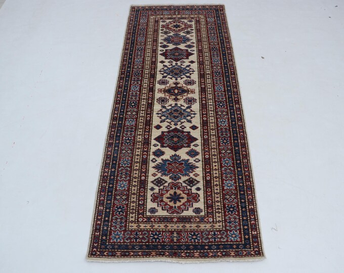 2 X 6 ft Beige and Red Geomatrical Handmade Runner , Super Kazak Cotton and Wool