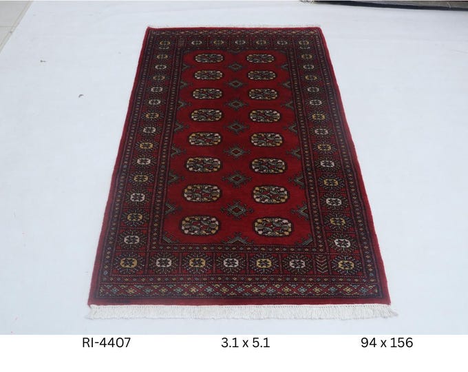 4.1 X 6.0 ft Red Geomatrical Handmade Runner, Mori Bokhara Cotton and Wool