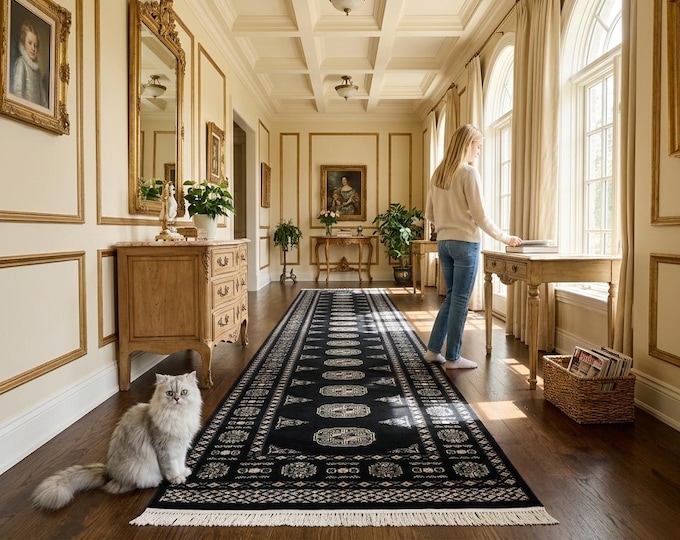 2.7 X 9.9 ft Black Geomatrical Handmade Runner, Mori Bokhara Cotton and Wool