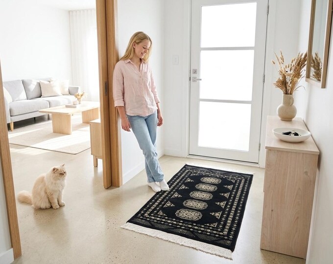 2.0 X 3.0 ft Black Geomatrical Handmade ,Mori Bokhara Cotton and Wool