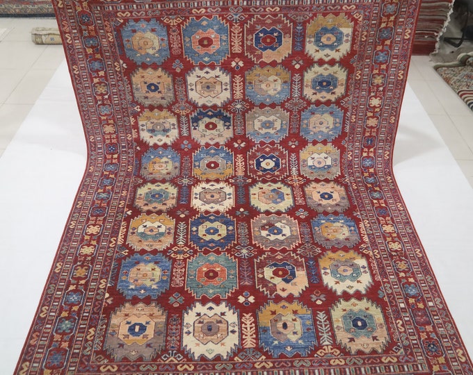 Red Afghan Ersari Rug – Hand-Knotted Organic Wool, 6.7x9.8 ft