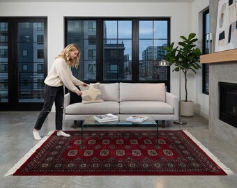 3.1 X 5.1 ft Red Geomatrical Handmade ,Mori Bokhara Cotton and Wool