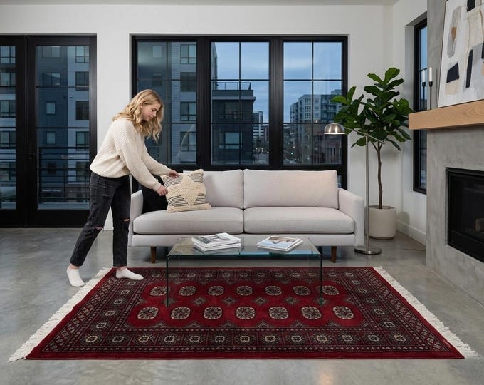 3.1 X 5.1 ft Red Geomatrical Handmade ,Mori Bokhara Cotton and Wool