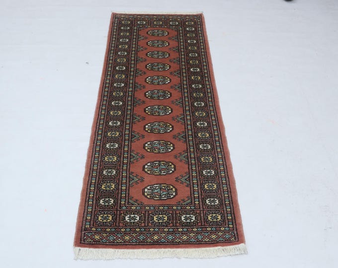 2.1 X 5.11 ft Copper Geomatrical Runner Handmade, Mori Bokhara Cotton and Wool