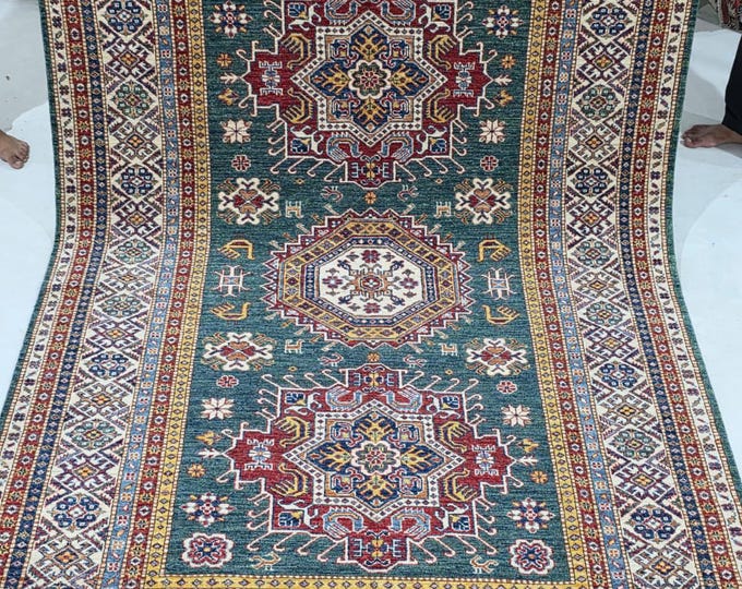 5 X 8 ft Geometrical Handmade,Green and Beige Super Kazak Rug Cotton and Wool
