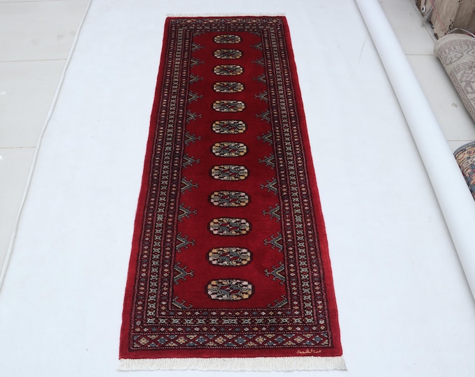 2.1 X 5.10 ft Red Geomatrical Handmade, Mori Bokhara Cotton and Wool