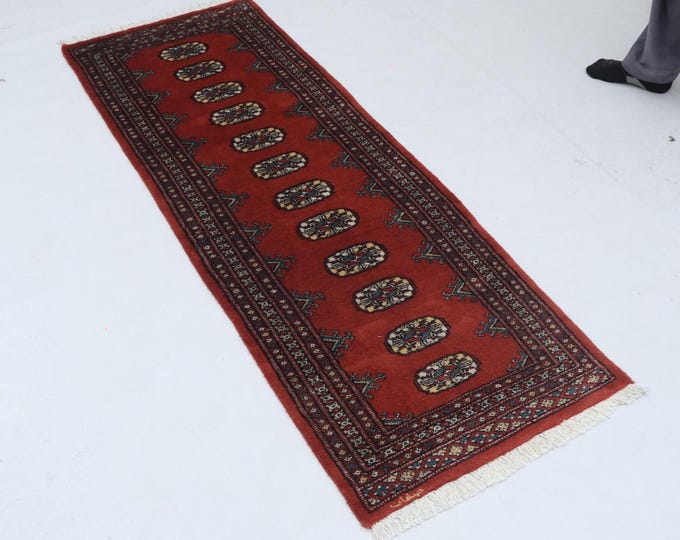 2.0 X 5.9 ft Red Geomatrical Runner Handmade, Mori Bokhara Cotton and Wool