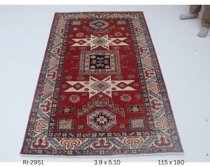 Hand-knotted Super Kazak Cotton and Wool Rug, Geomatrical in Red base and Beige border, 3.9 X 5.10 ft