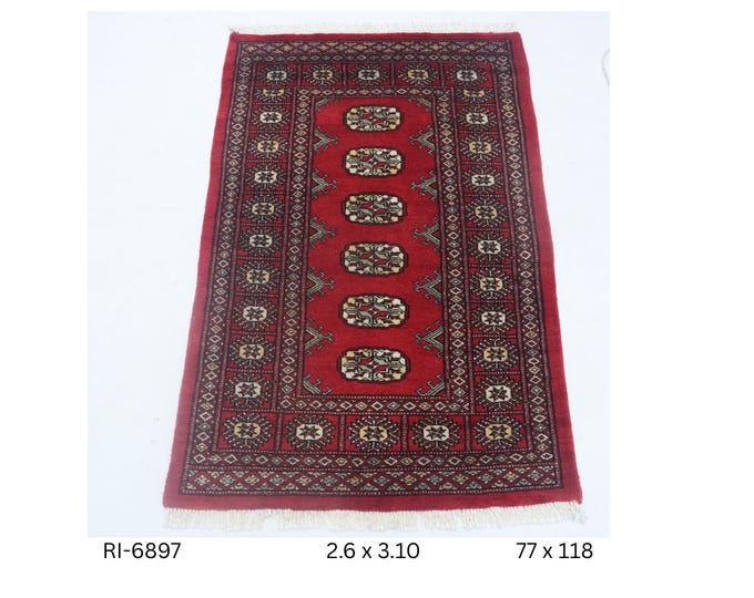 Hand-knotted Mori Bokhara Cotton and Wool Rug, Geomatrical in Red base and Red border, 2.5 x 3.10 ft