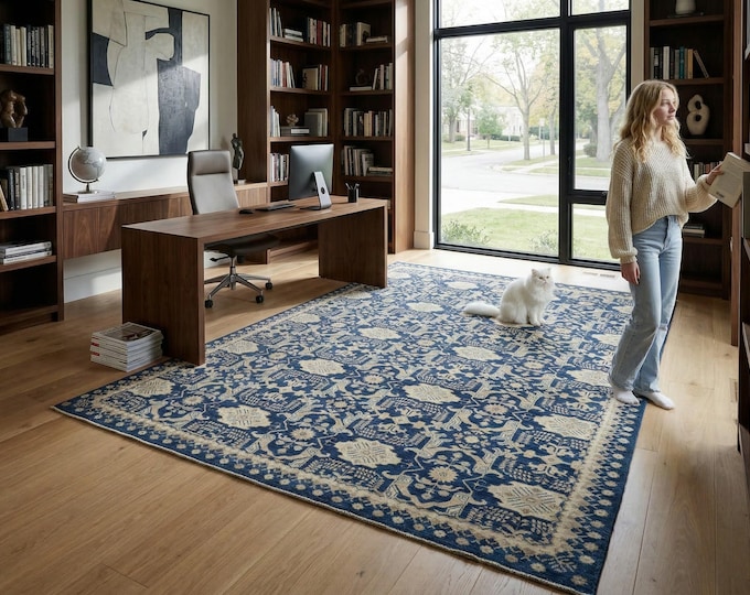 8.2 X 9.8 ft Blue Floral Handmade ,Heriz Cotton and Wool