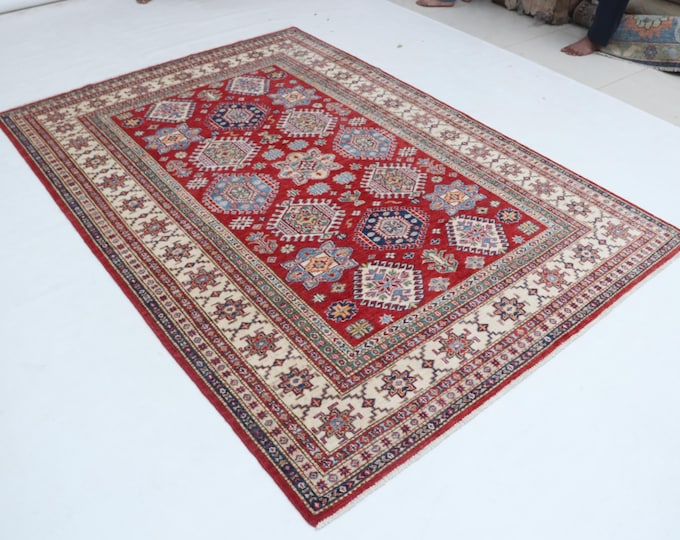 5.6 X 7.10 ft Beige and Red Geomatrical Handmade, Super Kazak Cotton and Wool