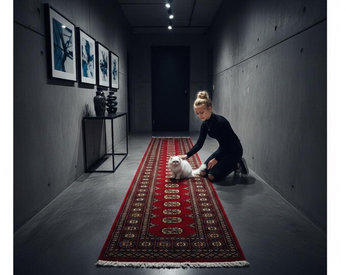 2.7 X 9.9 ft Red Geomatrical Runner Handmade, Mori Bokhara Cotton and Wool