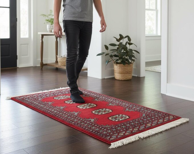 2.1 X 3.0 ft Red Geomatrical Handmade, Mori Bokhara Cotton and Wool