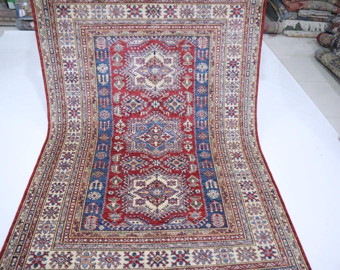Hand Knotted Kazak Wool Rug – 5x7 Red, Blue Geometric Afghan Rug