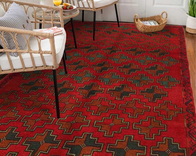 Hand-knotted Red Baluchi, 3.93 x 6.56 ft