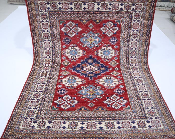 5x6 Red Kazak Rug – Handmade Afghan Wool Geometric Rug