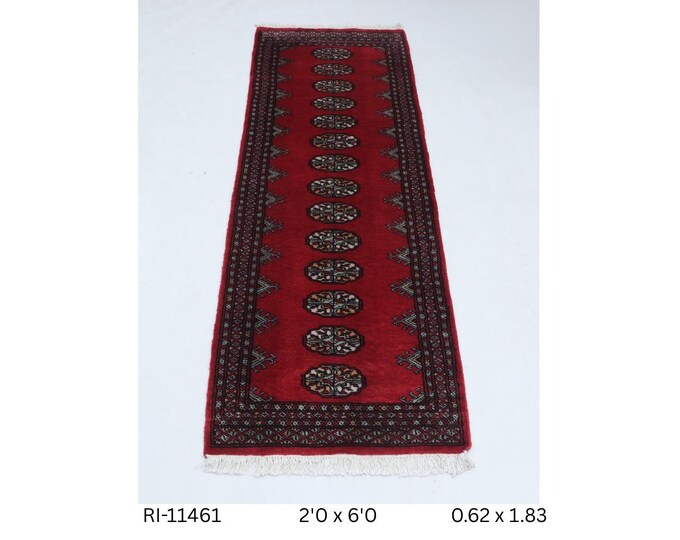Hand-knotted Mohri Bokhara Cotton and Wool Rug, Geomatrical in Red base and Red border, 2.0 x 6.0 ft