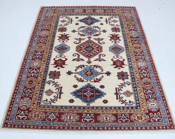 4.8 X 6.1 ft Beige and Red Geomatrical Handmade, Super Kazak Cotton and Wool