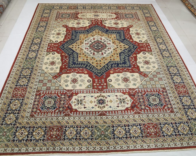 9x12 Handmade Mamluk Wool Area Rug – Red and Blue Turkish Design