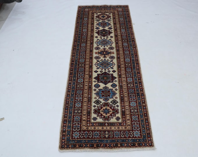 2.4 X 6.7 ft Red and Beige Geomatrical Handmade Runner , Super Kazak Cotton and Wool