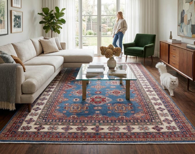 6 X 8 ft Blue and Beige Geomatrical Handmade , Super Kazak Cotton and Wool