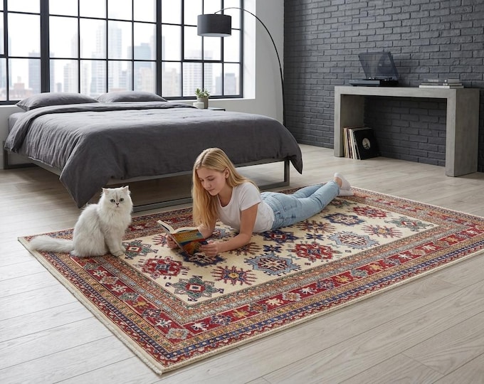 5.6 X 7.7 ft Beige and Red Geomatrical Handmade, Super Kazak Cotton and Wool