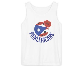 Picklericans Puerto Rico Pickleball Tank Top, Garment Dyed Cotton Sleeveless Tee