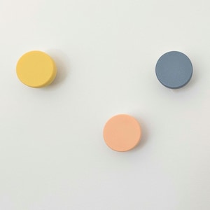 May include: Four circular wall hooks in pastel shades: yellow, peach, blue-grey, and grey-green. These decorative hooks are mounted on a white wall, offering a minimalist design for hanging items. Each hook is approximately 5 cm in diameter.