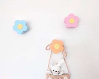 Flower wall hooks for decor and organization - nature garden floral for kid rooms, colorful and fun house decor, hidden screws