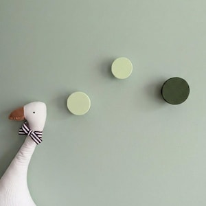 May include: A soft white goose toy with a brown beak and a striped bow tie is placed near three circular wall hooks. The hooks are in shades of green, mounted on a pale green wall. The hooks are different shades of green.