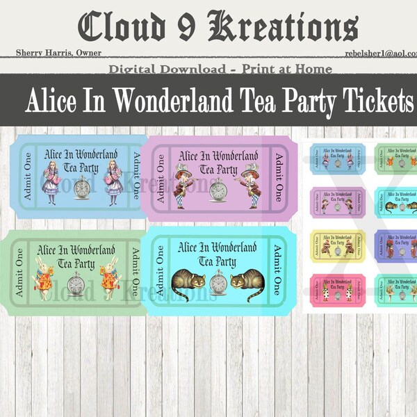 Alice In Wonderland Tea Party Tickets Digital Collage Sheet - 8 Images