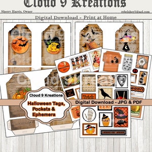 Halloween Junk Journal Kit, Scrapbook Ephemera Collage Sheet Pocket Tags Witch Pumpkins Digital Download Printable Ephemera