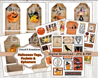 Halloween Junk Journal Kit, Scrapbook Ephemera Collage Sheet Pocket Tags Witch Pumpkins Digital Download Printable Ephemera