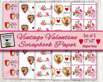 Vintage Valentine's Day Scrapbook Paper Digital Junk Journal Collage Sheet Digital Download Printable 12x12