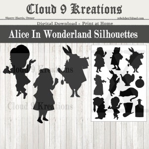Digitale Alice im Wunderland, Alice im Wunderland-Silhouetten, Alice im Wunderland Silhouetten Collage Blatt, Alice im Wunderland Clipart,