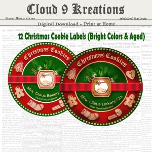 12 Christmas Cookie Labels Digital Collage Sheet - Christmas Printable Digital Download Labels Tags