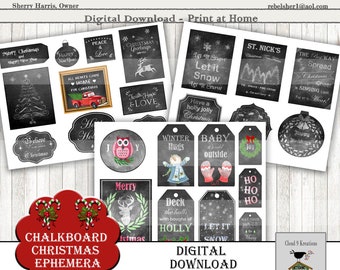 May include: A set of 16 printable chalkboard Christmas tags in JPG and PDF format. The tags feature various Christmas themes, including winter, snow, and festive greetings. The tags are designed to look like they are written on a chalkboard.