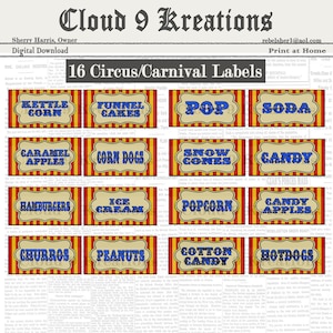 Carnival Food Labels, Circus Food Labels, Carnival Food Tags, Circus Food Tags, Digital Carnival Food Labels, Digital Circus food Labels