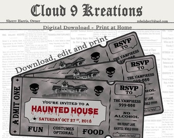 Halloween Haunted House Ticket Invitation, Halloween Haunted House Invitation, Haunted House Invitation for Adult, Editable Invitation