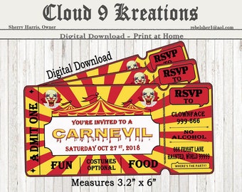 Invitación a la entrada del Carnaval de Halloween, Editable, Invitación Carnevil, Invitación a la fiesta de Halloween, Invitación a la fiesta del Carnaval de Halloween