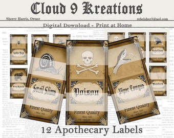 May include: Twelve printable apothecary labels with a vintage aesthetic. Each label features a different potion name, such as "Snail Slime", "Poison", and "Viper Tongue", along with a skull and crossbones, a snail, and a snake illustration. The labels are printed on a brown background with a distressed look.