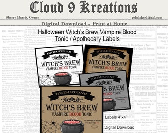 Halloween Witch's Brew Labels, Potion Labels, Apothecary Labels, Digital Download, Collage Sheet, 4 Sets, Halloween Printable
