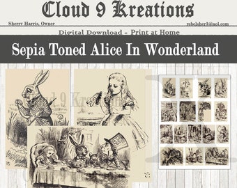 Digital Alice In Wonderland, Sepia Alice In Wonderland, Printable Alice In Wonderland, Alice In Wonderland Clip Art, Alice In Wonderland